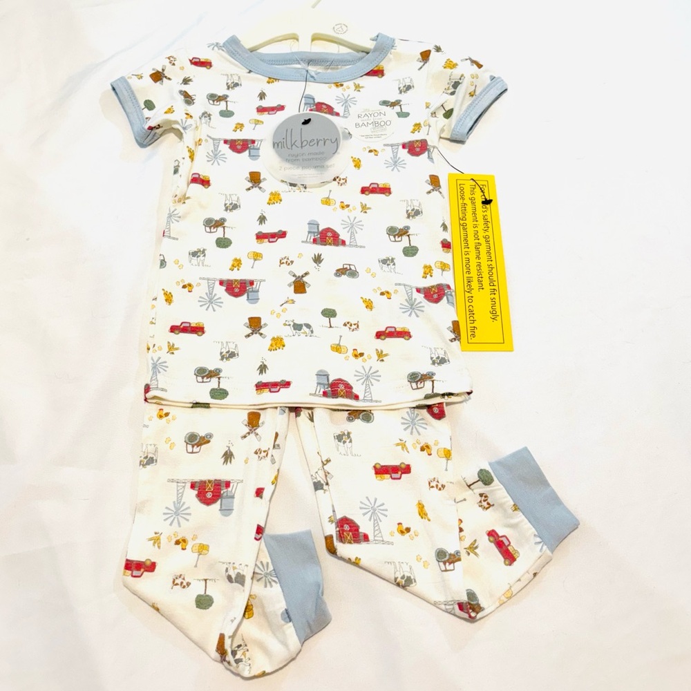 NEW BAMBOO Milkberry Farm Animals Pajamas Set 2 piece Boy’s chickens cows barn